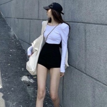 Quần đùi nữ sooc cạp lưng cao khóa sau chất umi màu đen có size phom ôm bó tôn vòng tập gym yoga C777