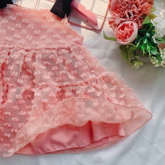 Váy 2 Dây Voan Tầng Hồng Tiêu Thư Đính Nơ Đen Mặc Hè Cho Bé Gái MINTSCLOSET Từ 0 - 3 Tuổi - GV0054