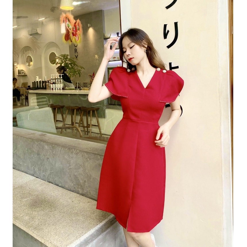 Đầm đỏ dự tiệc sang trọng dáng dài thiết kế chữ a cổ v tay áo choàng cao cấp đẹp eo tôn dáng che bụng – Thời trang Lux W