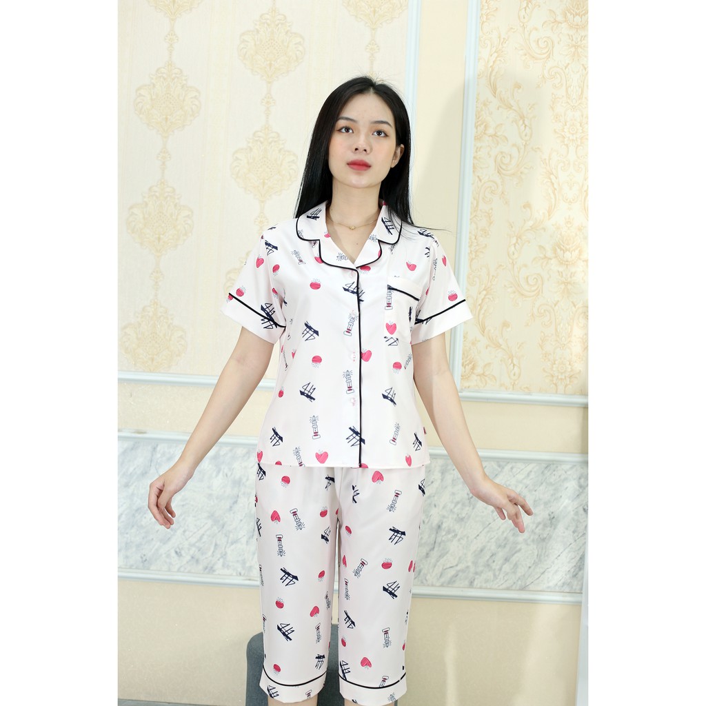 [HÌNH THẬT 100%] Bộ đồ Pijama nữ lửng họa tiết TRÁI TIM ĐỎ - vải siêu lụa cao cấp - Cực Kì Sang Chảnh