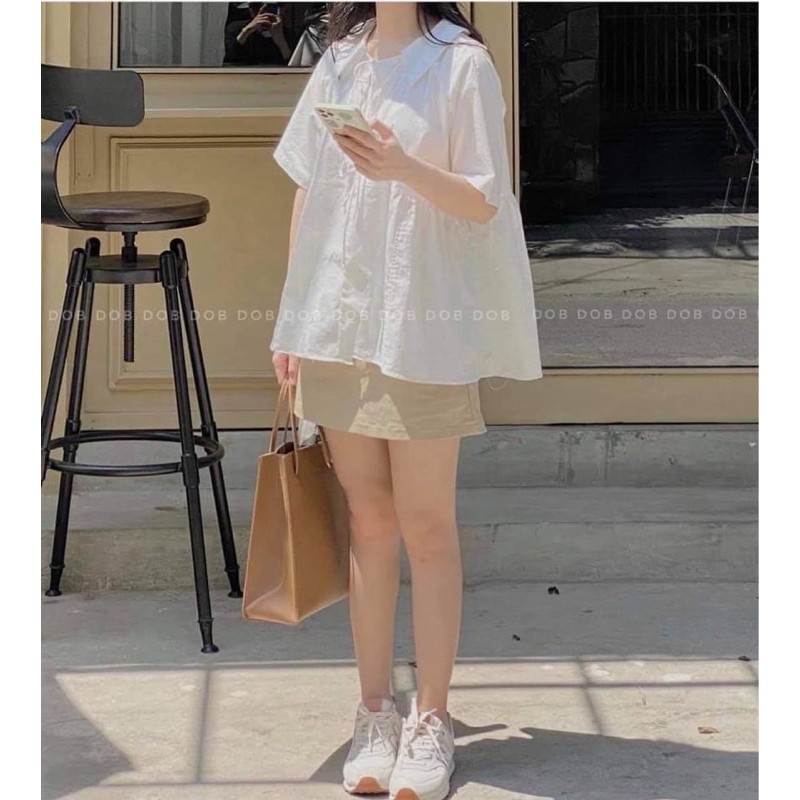 [66HOAN15K12H] Set áo babydoll trắng nơ ngực chân váy dáng A be Ulzzang