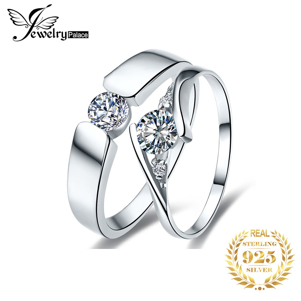 Nhẫn đôi bạc nguyên chất 925 với kim cương có thể điều chỉnh được nam và nữ nhẫn đồ trang sức cưới