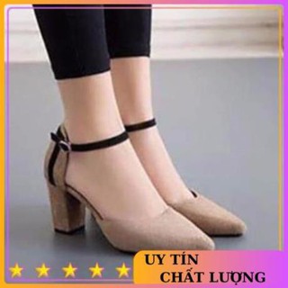 [ hàng cao cấp giày gót vuông bít mũi.