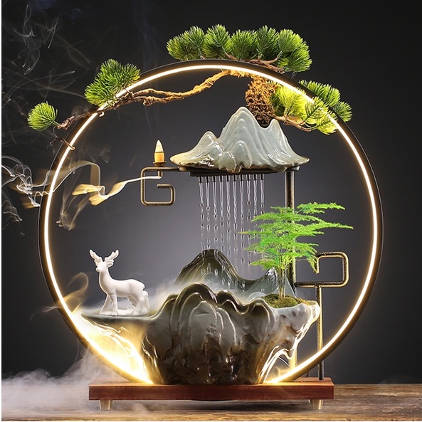Bộ thác nước phong thủy hòn non bộ - Đài thưởng Trầm cao cấp có đèn Led, Tiên hạc, Hươu