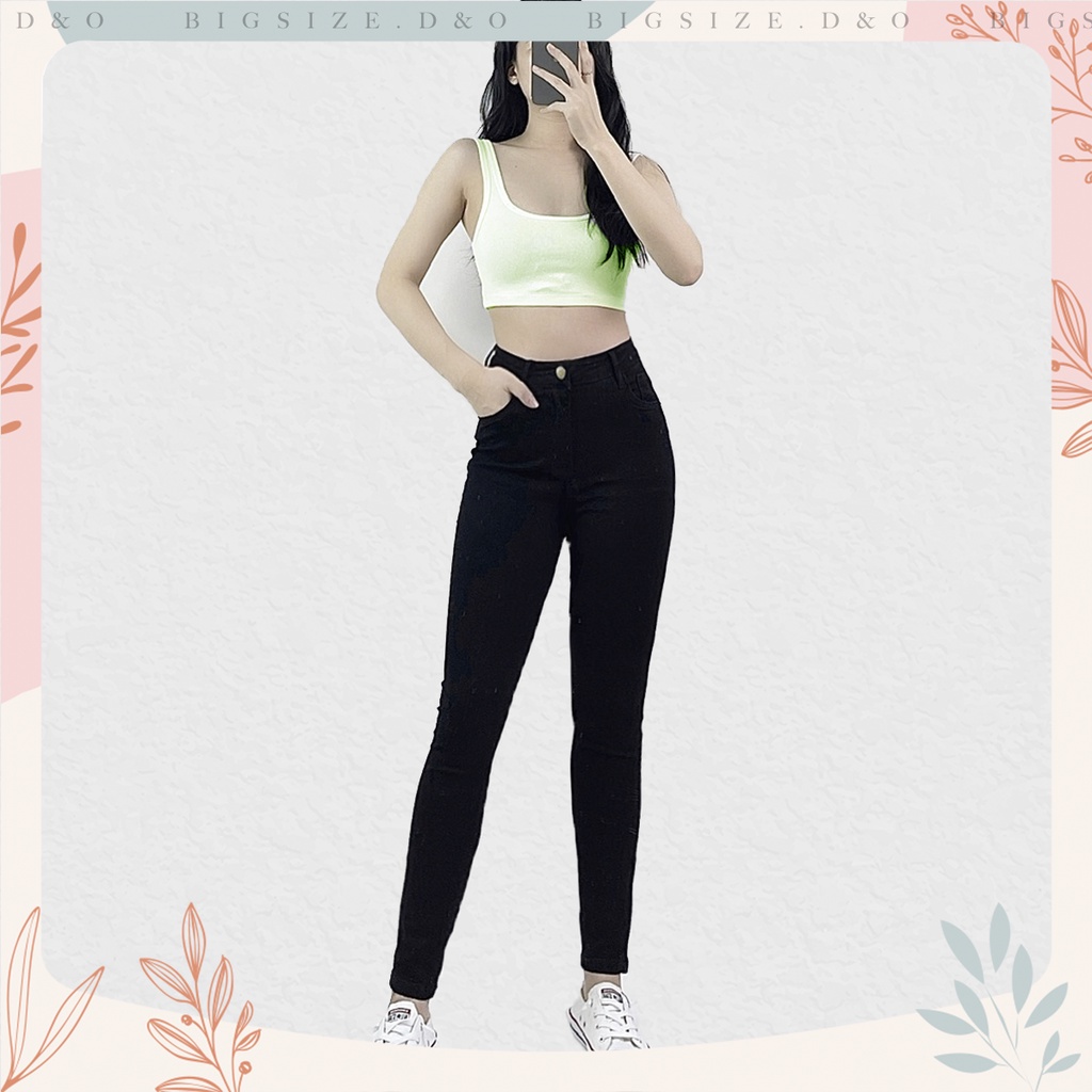 [Bigsize 58-90kg] Quần Skinny Jeans Đen Trơn, Lưng Cao Trên Rốn, Co Giãn, Dài 98cm