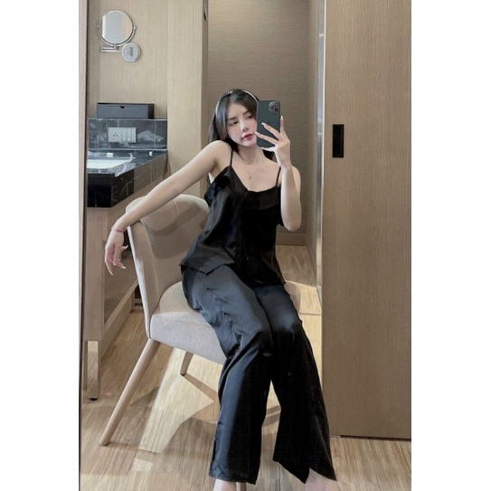 Đồ Ngủ, Đồ Bộ, Pijama Nữ Áo 2 Dây Xẻ Tà Quần Dài Lụa Latin Mịn Mát Freesize