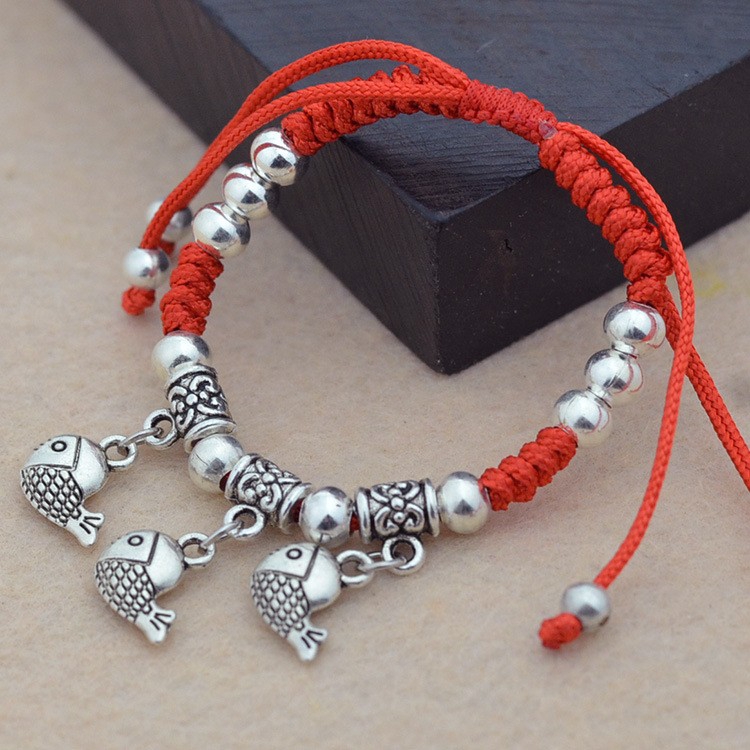 Red Braided Silver Necklace Bracelet Size Adjustable SpongeBob Bracelet Ethnic Silver Bracelet