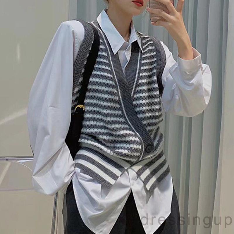 Áo dệt kim không tay cổ chữ V họa tiết kẻ sọc màu sắc thời trang mùa thu cho nữ | BigBuy360 - bigbuy360.vn