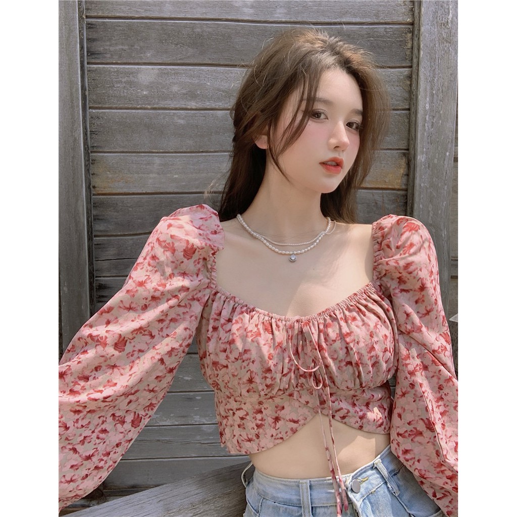 Cocory vn Áo croptop tay dài cổ vuông phối nơ cột đáng yêu cho nữ