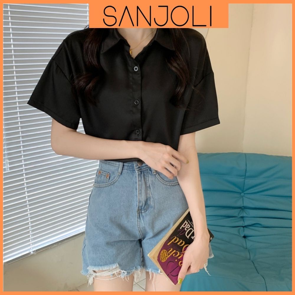 Áo Sơ Mi SANJOLI Áo Croptop Kiểu Nữ Form Rộng Cổ Sơmi Tay Ngắn Phong Cách Ulzzang Đẹp Màu Đen Trắng AO003