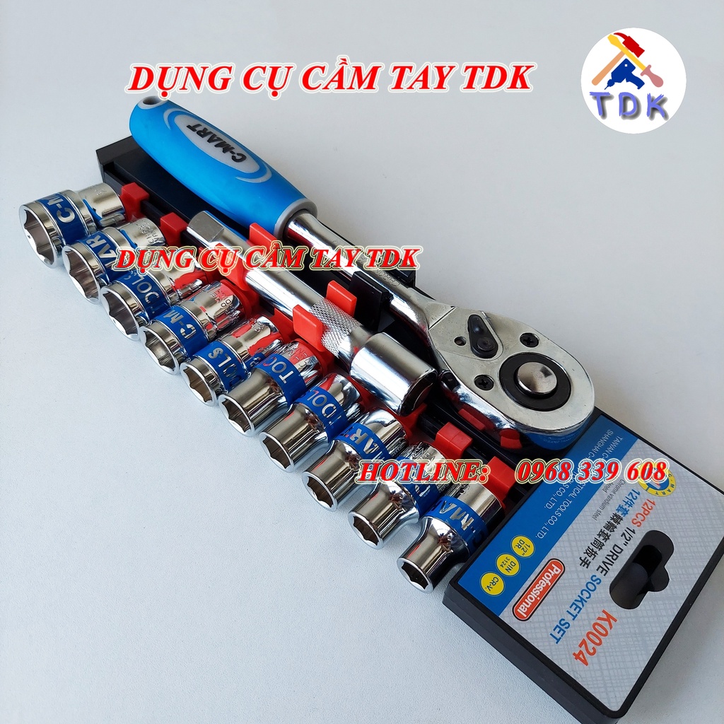 Bộ tuýp 12 chi tiết bằng thép CR-V cao cấp K0024 CMART, bộ khẩu sửa chữa xe máy