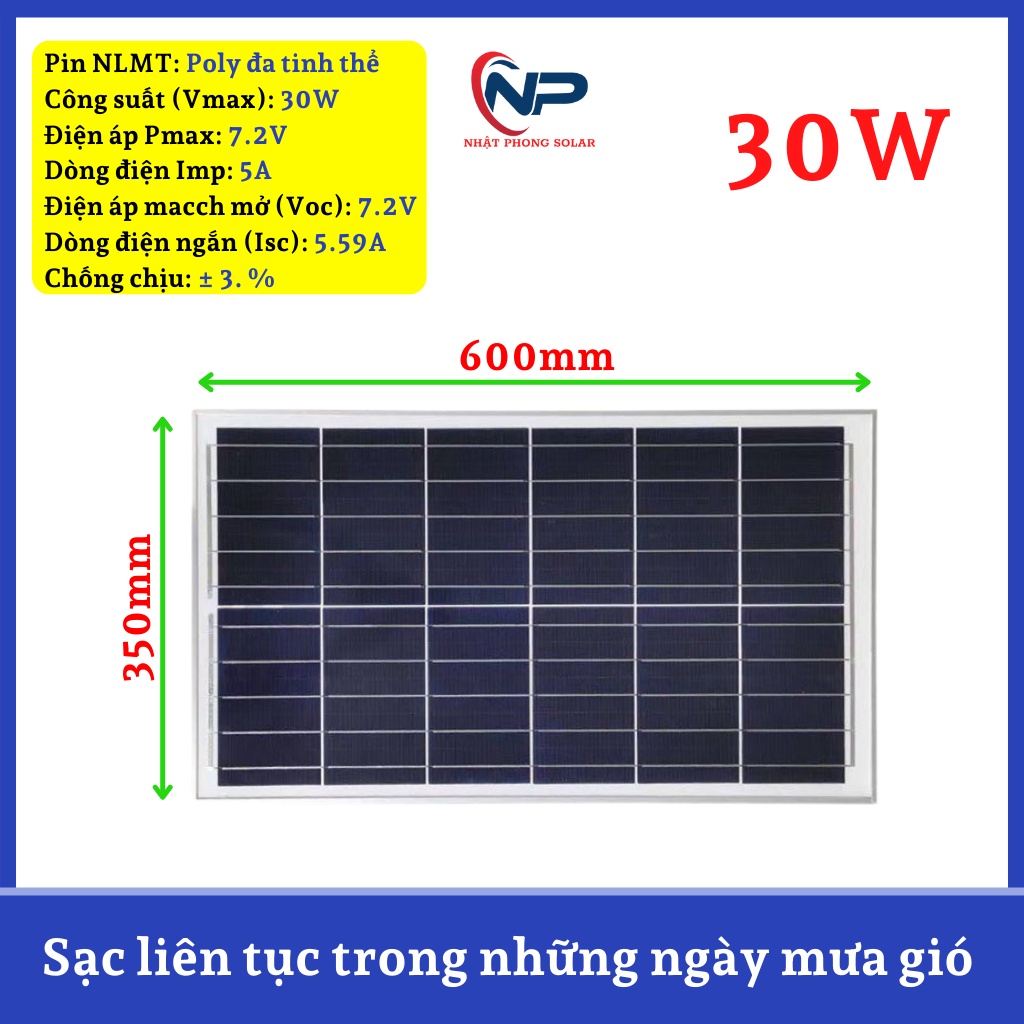 Tấm pin năng lượng mặt trời Poly đa tinh thể công suất 6V/30W dùng cho đèn năng lượng mặt trời 300W