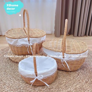 Giỏ picnic mây có nắp và lót trắng, giỏ mây phụ kiện chụp ảnh decor