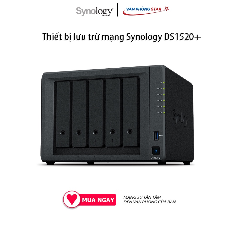 Thiết bị lưu trữ mạng Synology DS1520+ Intel Celeron J4125 4-core 2.0 GHz, 8 GB DDR4 non-ECC 5 Khay đựng ổ cứng