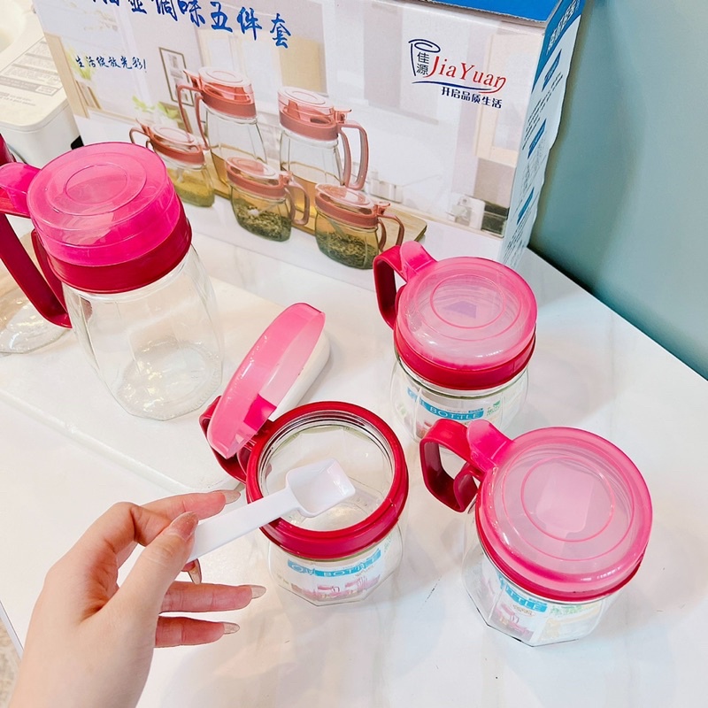 SET 5 LỌ GIA VỊ THUỶ TINH SIÊU ĐẸP NẮP HỒNG ĐẬM