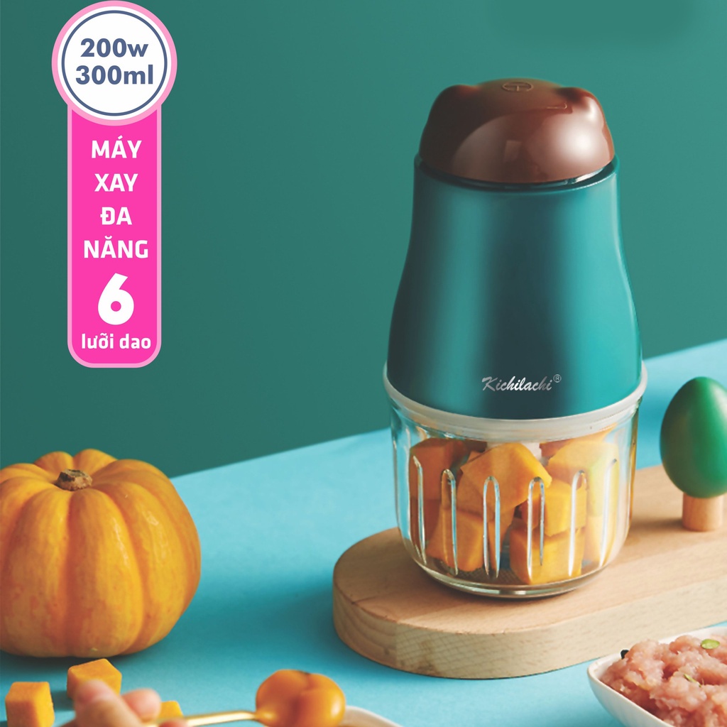 Máy xay ăn dặm đa năng KICHILACHI cho bé, bảo hành chính hãng 12 tháng, cốc xay dung tích 300ml và lưỡi dao inox 304 sắc