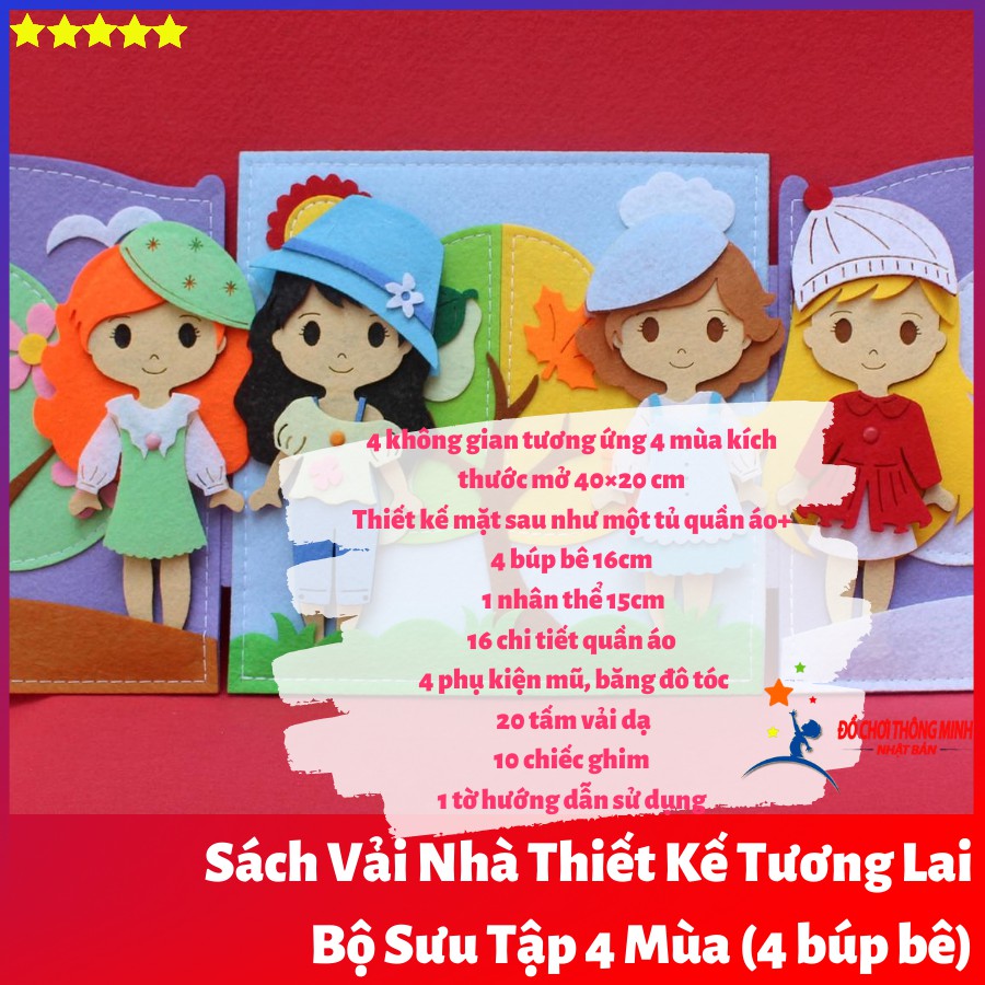 Sách vải thiết kế thời trang bé gái bộ sưu tập 4 mùa 4 búp bê 20 chi tiết tặng 20 tấm vải dạ