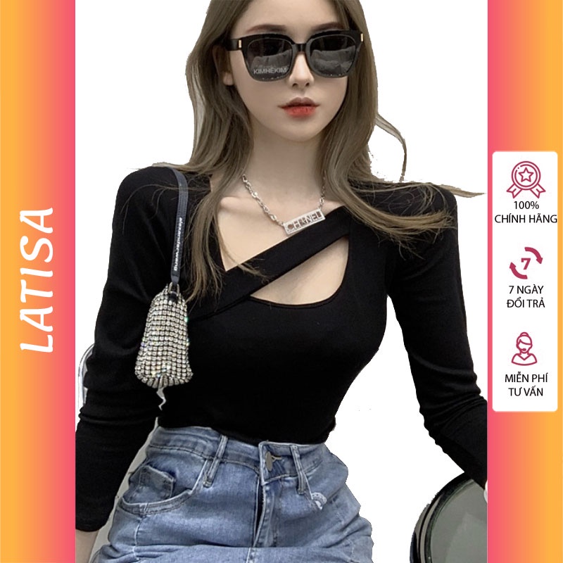 Áo croptop cổ vuông tay dài ôm body nữ kiểu hàn quốc dây chéo thun gân trắng đen LATISA CRD08
