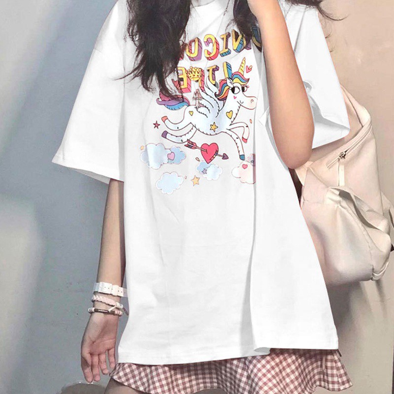 Áo Thun Ngắn Tay Cổ Tròn In Hình Ngựa Và Cầu Vồng Đáng Yêu Cho Nữ