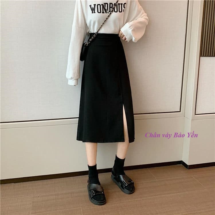 Chân váy midi dài xẻ tà trước đùi ( sẵn size) _M28