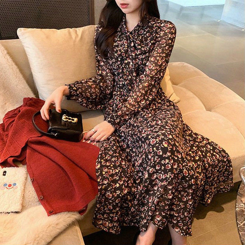 Đầm Voan Hoa Tay Dài Cổ Chữ V Phong Cách Retro Pháp Thanh Lịch Cho Nữ 2022