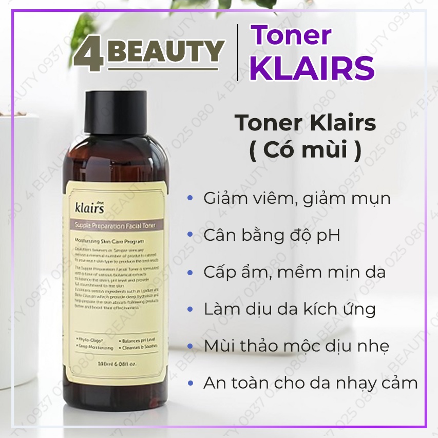 Nước Hoa Hồng Klairs Cho Da Nhạy Cảm 180ml Supple Preparation Facial / Unscented Toner