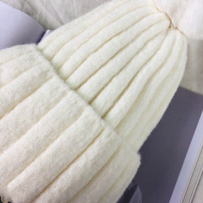 Simple, solid color woolen hat with rabbit ball, candy color, warm Japanese fashion style