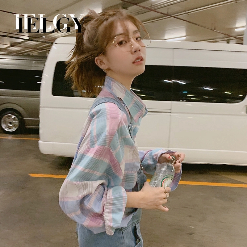 Áo sơ mi caro IELGY tay dài chống nắng màu hồng