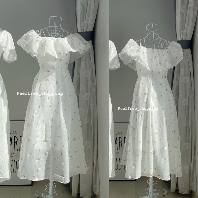 Đầm Váy Trắng Trễ Vai Cổ Bèo Hoa Nhí Dáng Dài Mặc Đi Tiệc, Đi Chơi (Hình Thật) D2286