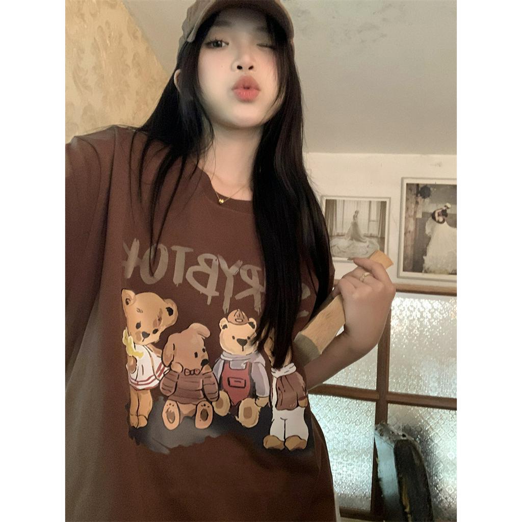 ZHELIHANGFEI Áo Thun Tay Ngắn Cổ Tròn Dáng Rộng In Họa Tiết 3 Màu Thời Trang Hàn Quốc Cho Nữ