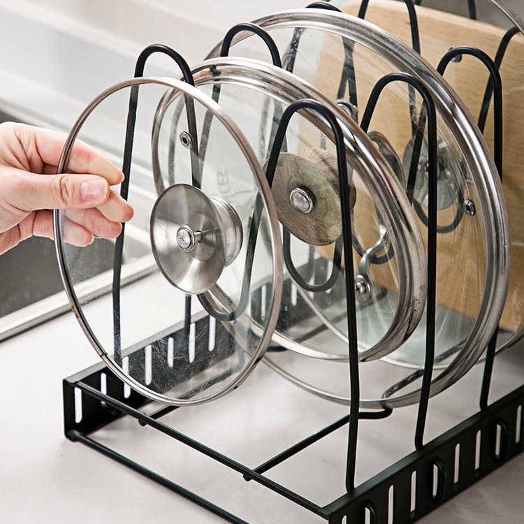 Giá, kệ để nắp nồi, chảo, thớt dụng cụ nhà bếp nhiều tầng tiện lợi không cần khoan lỗ