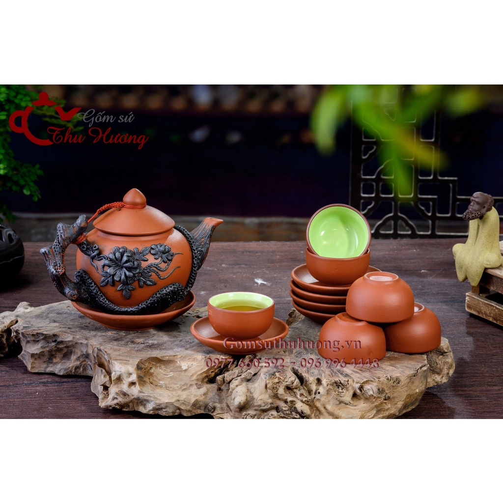 Bộ ấm chén Bát Tràng_Bộ bình trà gốm hoa văn đắp nổi đất đỏ