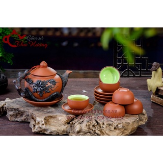 Bộ ấm chén Bát Tràng_Bộ bình trà gốm hoa văn đắp nổi đất đỏ