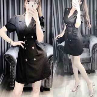 Đầm nút dọc thân cổ vest 2 màu