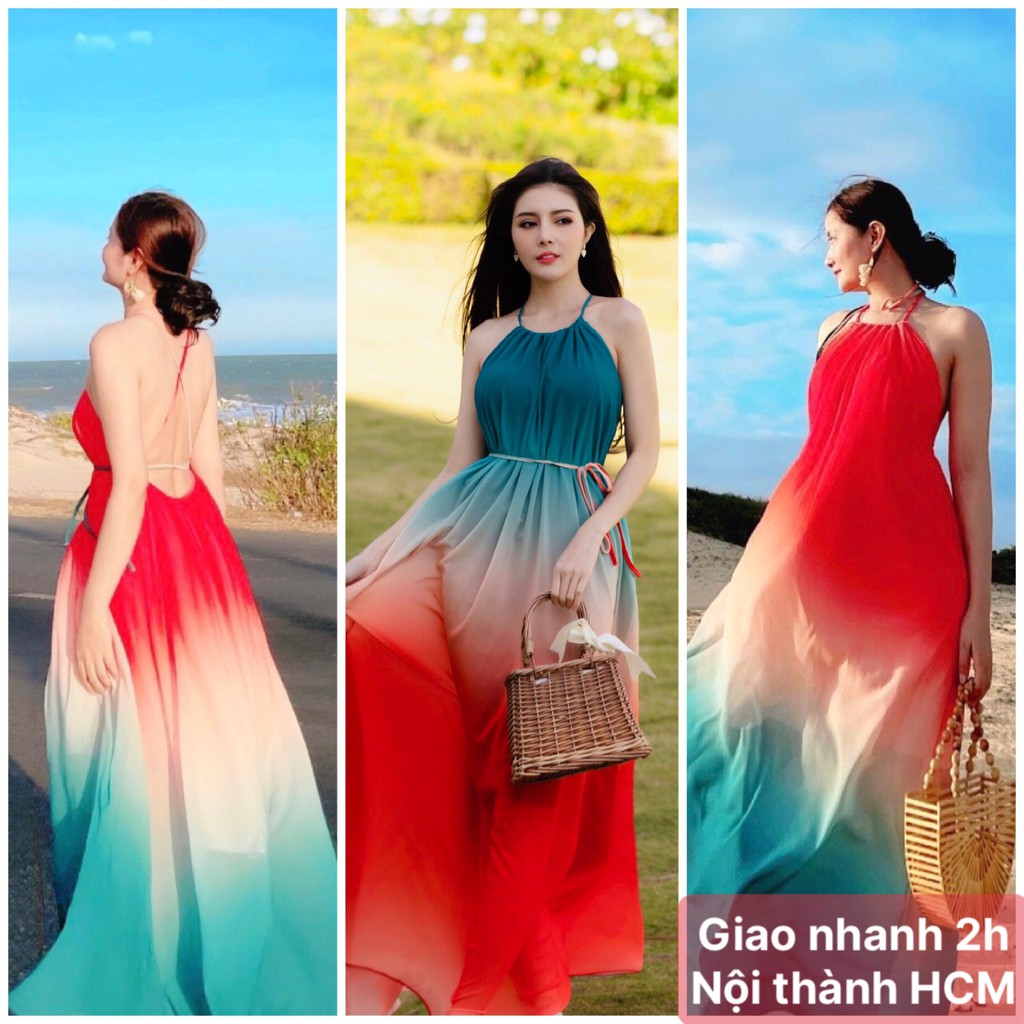 Đầm maxi, đầm suông đi biển, đầm maxi yếm loang màu đỏ hồng xanh, váy suông dài, đầm hở lưng đi biển HOANGYEN