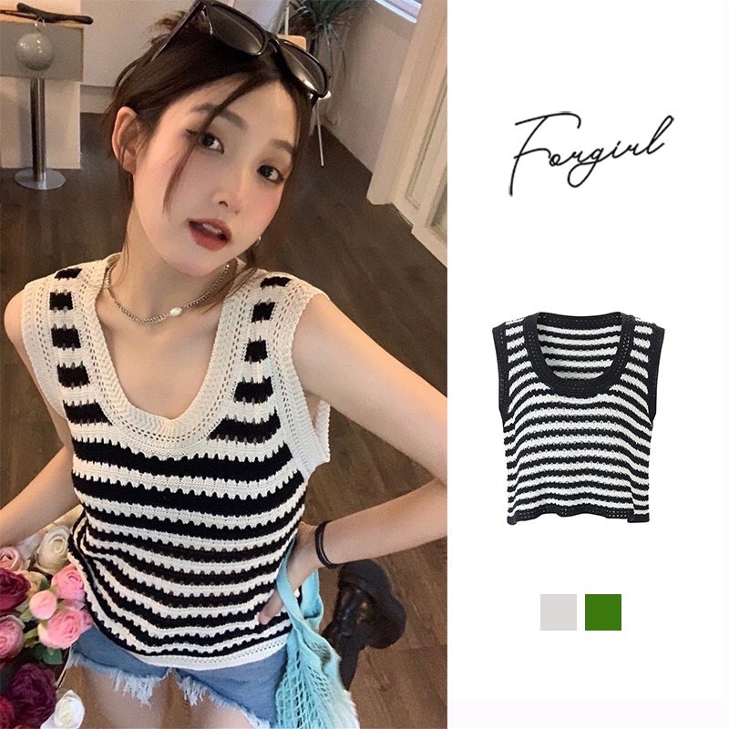 Áo ba lỗ sọc ngang Forgirl cổ tròn cá tính