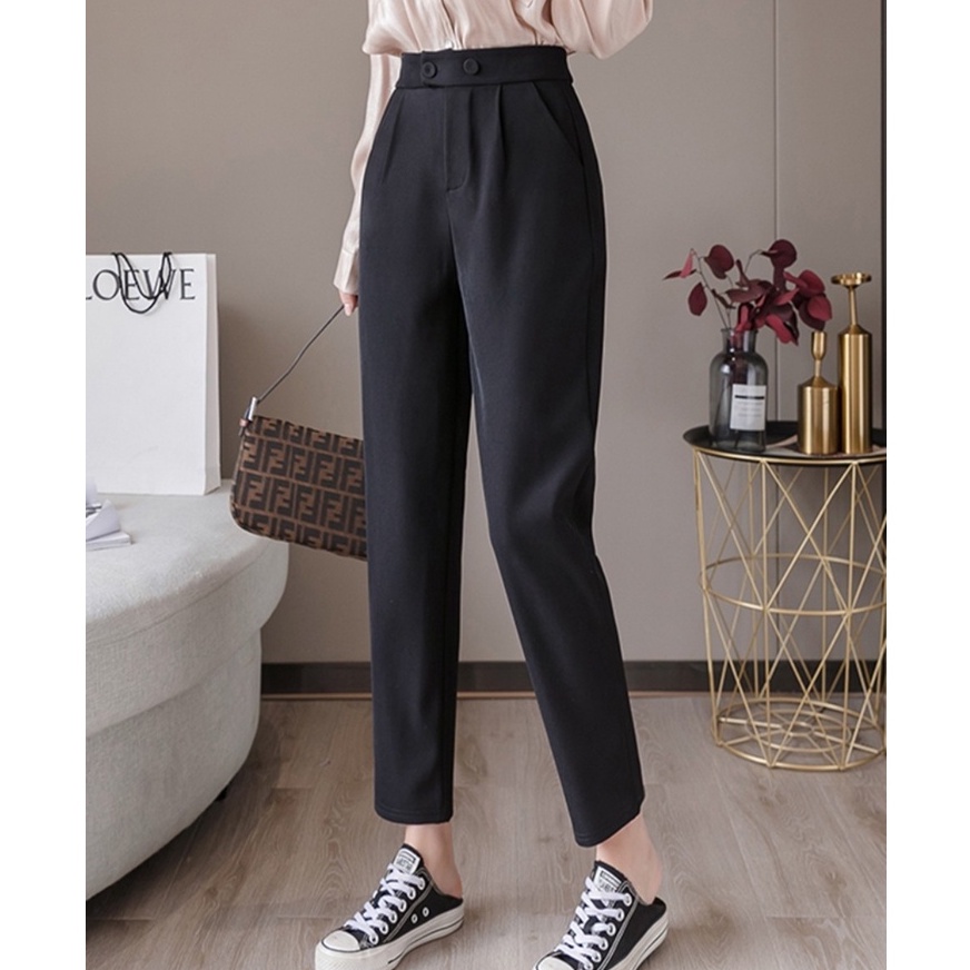 Quần tây nữ công sở lưng cao dáng dài 2 nút khuy bấm cúc lệch màu đen vải mềm ống đứng Quần tây baggy nữ công sở cạp cao