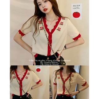 Áo cổ tim viền đỏ len mongtoghi