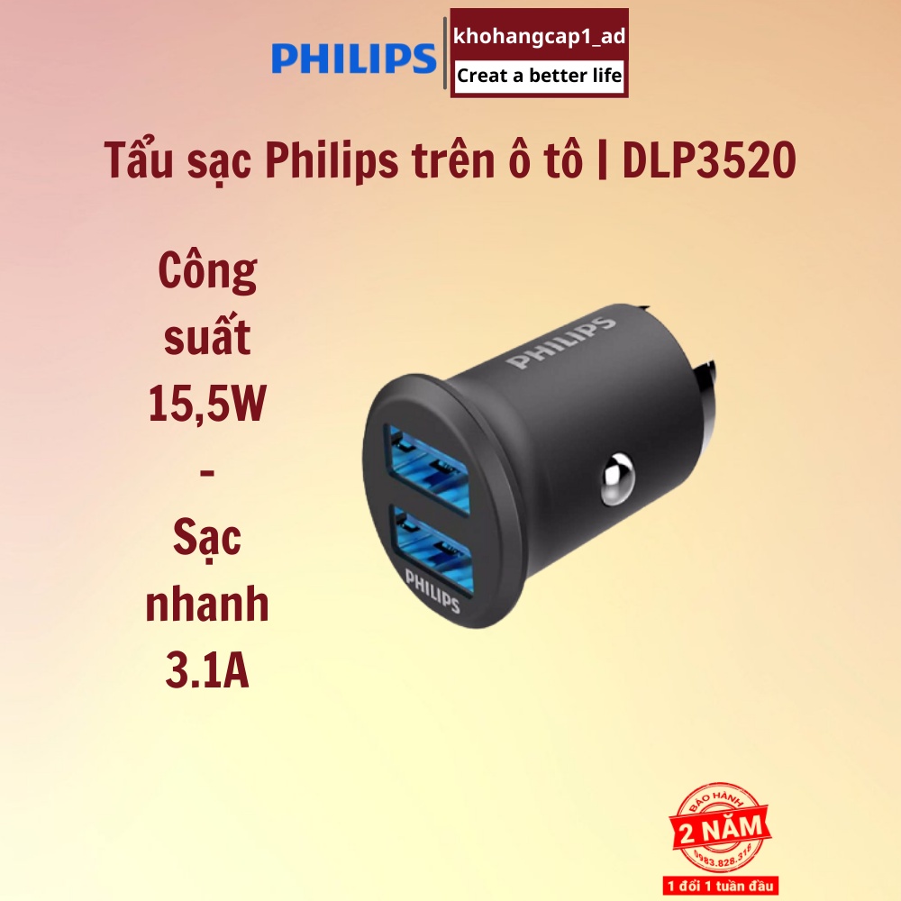 Tẩu sạc ô tô Philips DLP3520N, công suất 15,5W sạc nhanh 3.1A (Màu đen) - Khohangcap1_ad