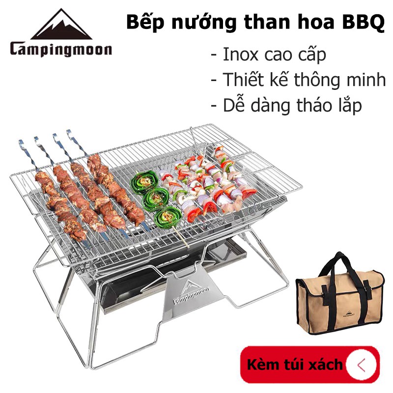 Bếp nướng than hoa ngoài trời CAMPINGMOON cỡ lớn inox 304 dã ngoại du lịch - Lò nướng thịt - Bếp lẩu nướng than BBQ