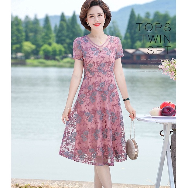 váy trung niên cho mẹ 50 tuổi đi tiệc Đam body dành cho trung niên Đầm Cưới Che Bụng Bằng Vải Voan Phong Cách Phương Tây Thời Trang Mùa Hè Hàng Mới Dành Cho Phụ Nữ Trung Niên 40 Tuổi (5 Tuổi)