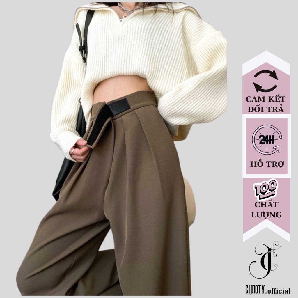 Quần ống rộng CIMOTY quần suông lưng cạp cao ống suông vải nữ dài culottes xuông màu đen , nâu , xám QD02