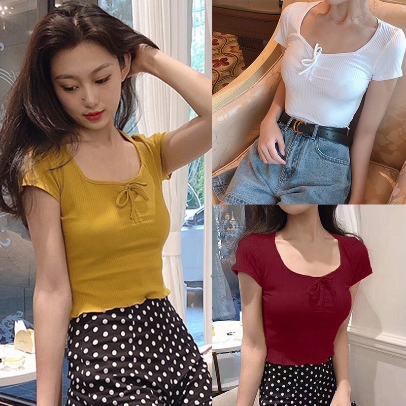Áo thun ngắn tay cổ tròn đính nơ màu trơn thời trang cho nữ