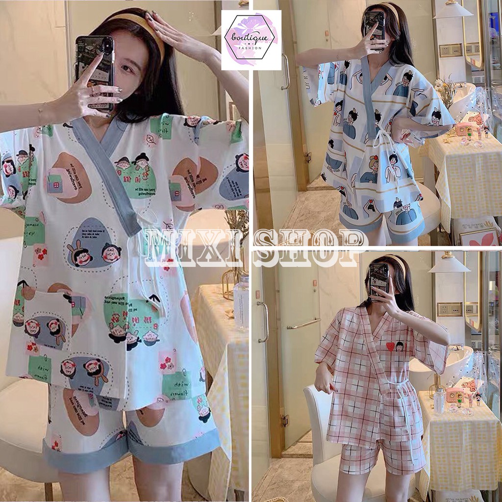 Bộ Ngủ Mặc Nhà Ngắn Tay Nhiều Màu ⚡FREESHIP⚡ Set Pijama Dây Eo Cộc Tay Icon Xinh Xắn 🦋 Quần Áo Đôi Mùa Hè 🦋