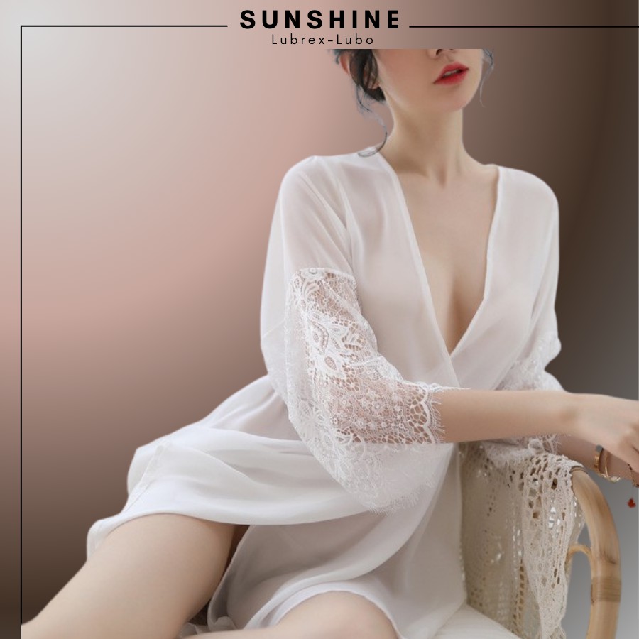 Áo choàng kimono Voan lụa phối ren cao cấp SUNSHINE LUBREX-LUBO Màu Trắng TINH KHÔI | BigBuy360 - bigbuy360.vn