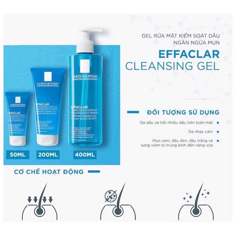 Gel rửa mặt tạo bọt làm sạch da dành cho da dầu nhạy cảm La Roche-Posay Effaclar Purifying Foaming Gel 200ml