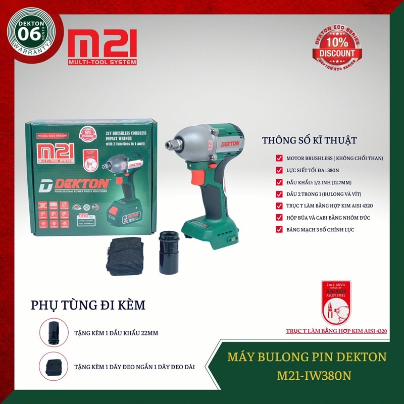 Máy Siết Bulong Dekton 2in1 Eco Series 380N.m / M21-IW380N / Motor Brushless / Chân Pin Phổ Thông Makita