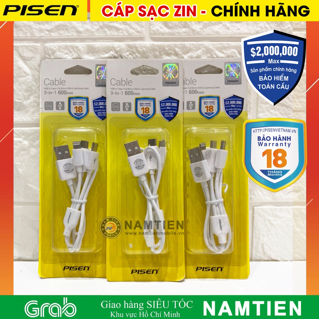 Cáp Sạc Truyền Dữ Liệu Chính Hãng Pisen 3 Trong 1