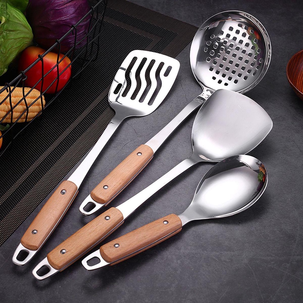 Muỗng Nấu Ăn Bằng Thép Không Gỉ Tay Cầm Bằng Gỗ Chịu Nhiệt