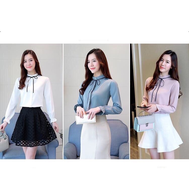 mã 7075 ÁO KIỂU CÔNG SỞ CỔ TRỤ CỘT NƠ TAY DÀI MAY CHÍNH CHỦ